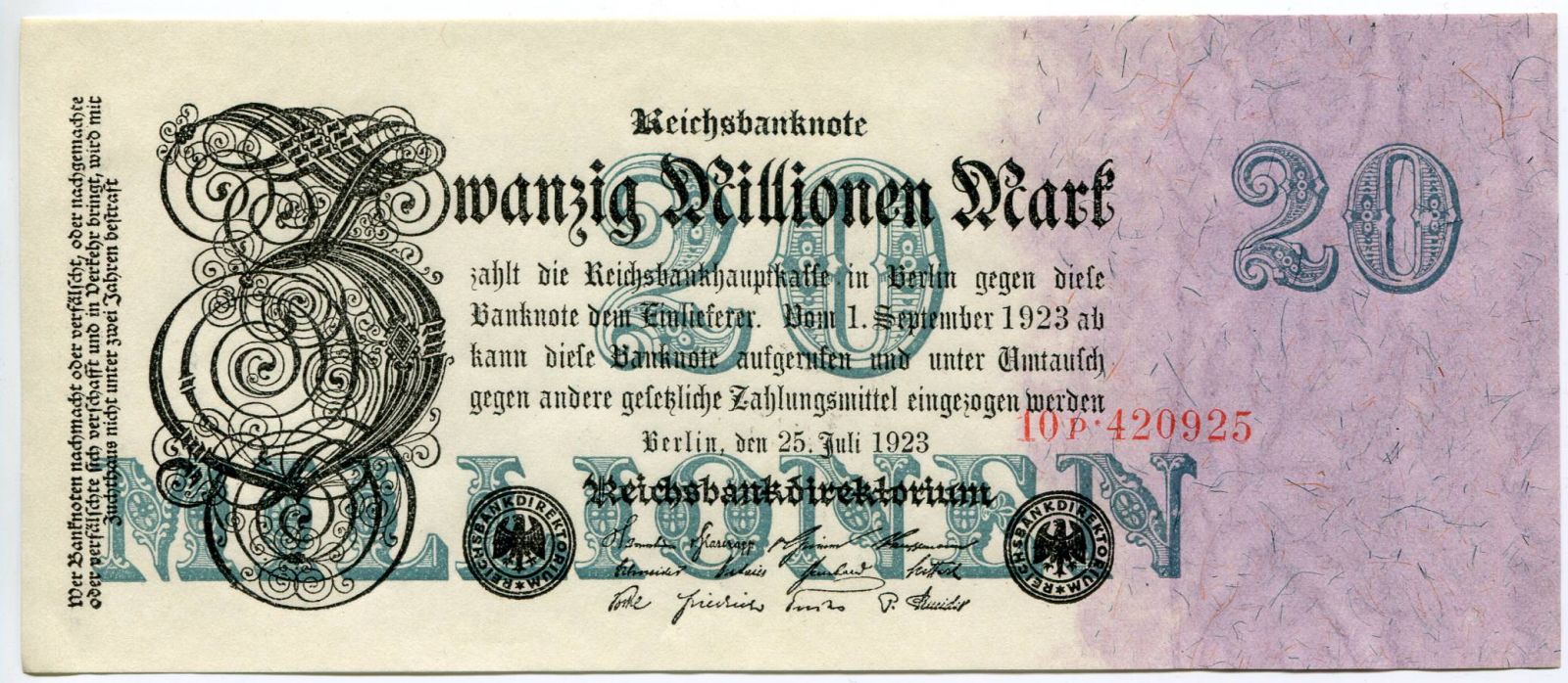 (1923) Ros. 96b / Pi. 97b - Deutschland - Banknote 20 000 000 Mark - UNC (Serie P)