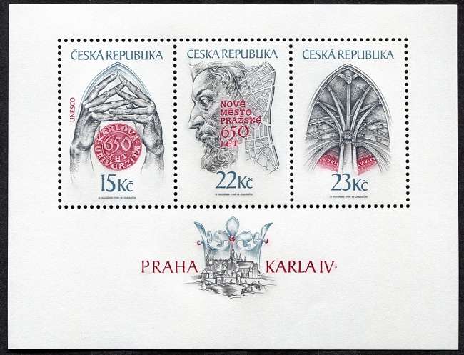 (1998) MiNr. 173 - 175 ** Block 7 - Tschechische Republik - Prag Karl IV.