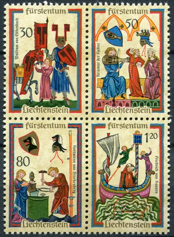 (1970) MiNr. 527 - 530 ** - Liechtenstein - Mittelalterliche Sänger - nach Codex Manesse (IV.)