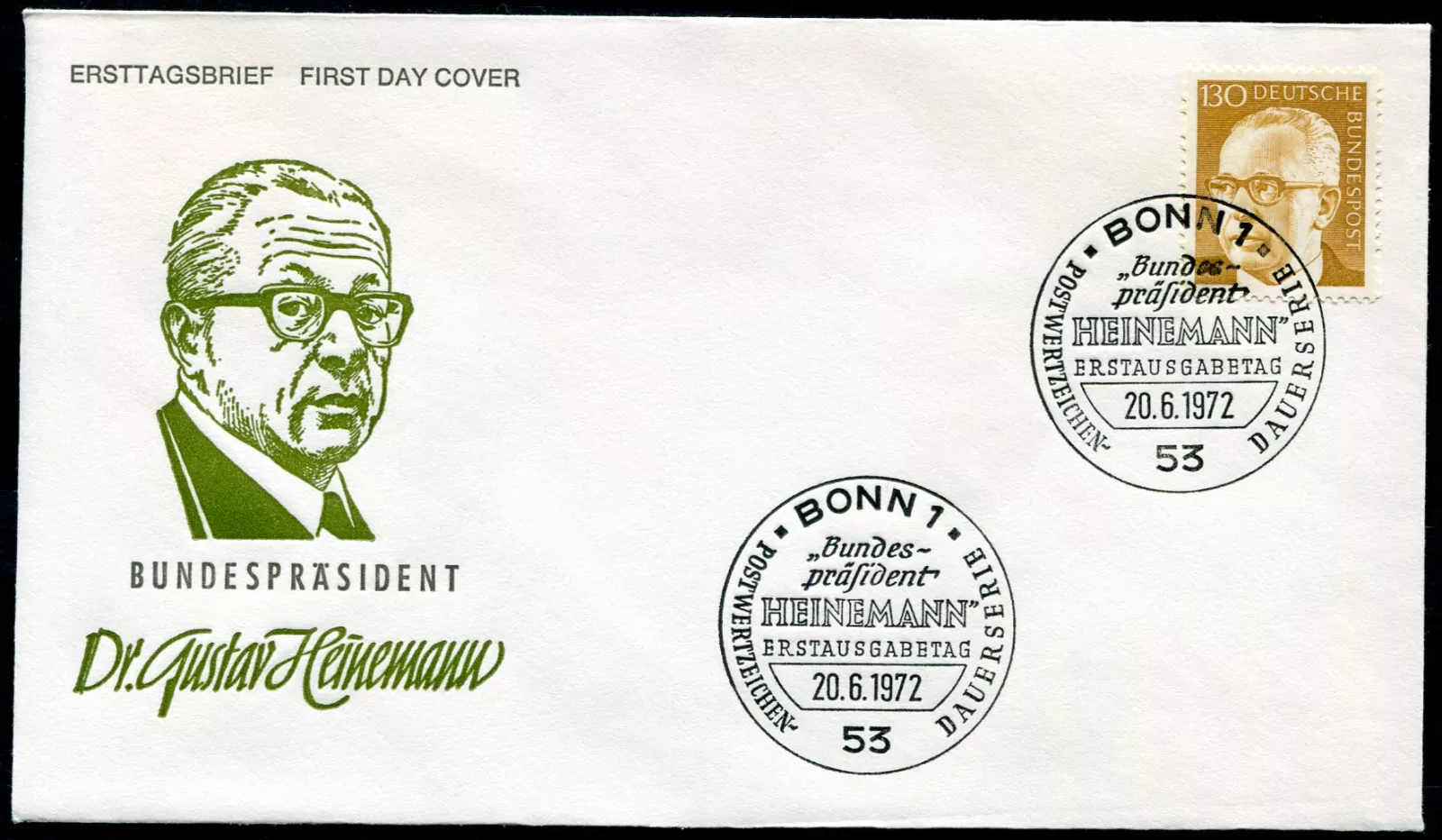 FDC MiNr. 728 (20.6.1972) - SRN - Dr. H.C. Gustav Heinemann (1899-1976)