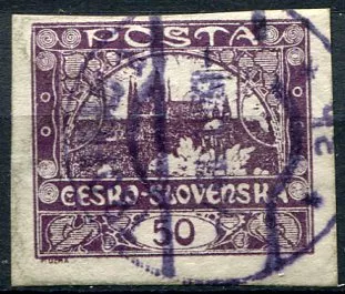(1918) MiNr. 19 - O - Tschechoslowakei - Stempel: Hradčany 50 h - dunkelviolett