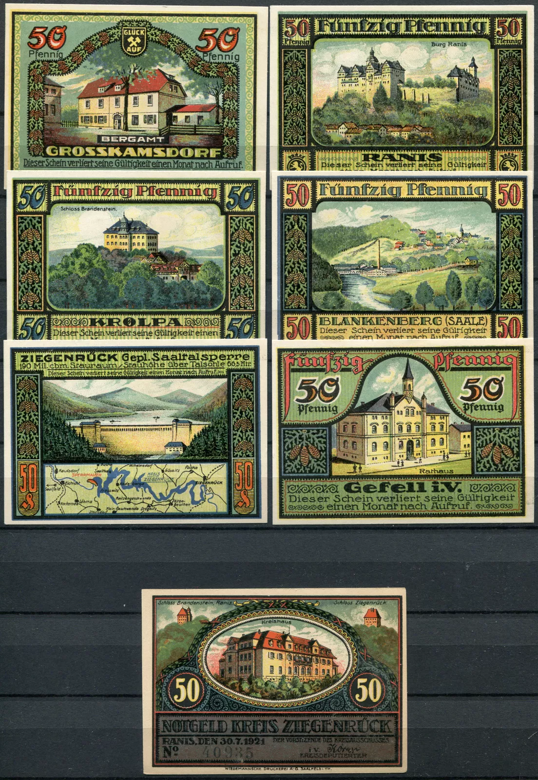 (1921) Ranis - Ziegenrück - 6 * 50 Pfening - sestava (UNC)