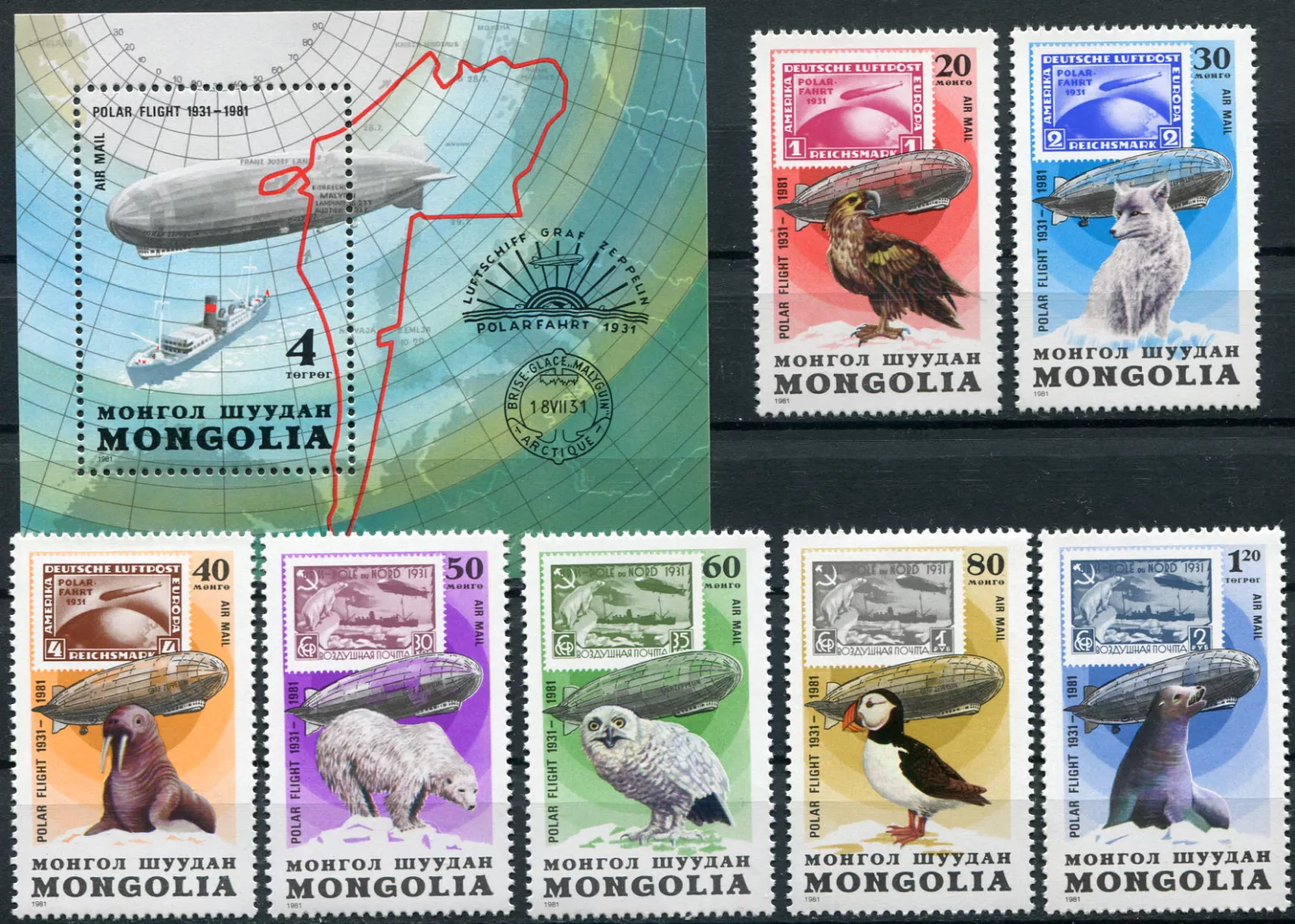 (1981) MiNr. 1413 - 1420 + Bl. 76 ** - Mongolsko - Výročí polárního letu vzducholodě Zeppelin