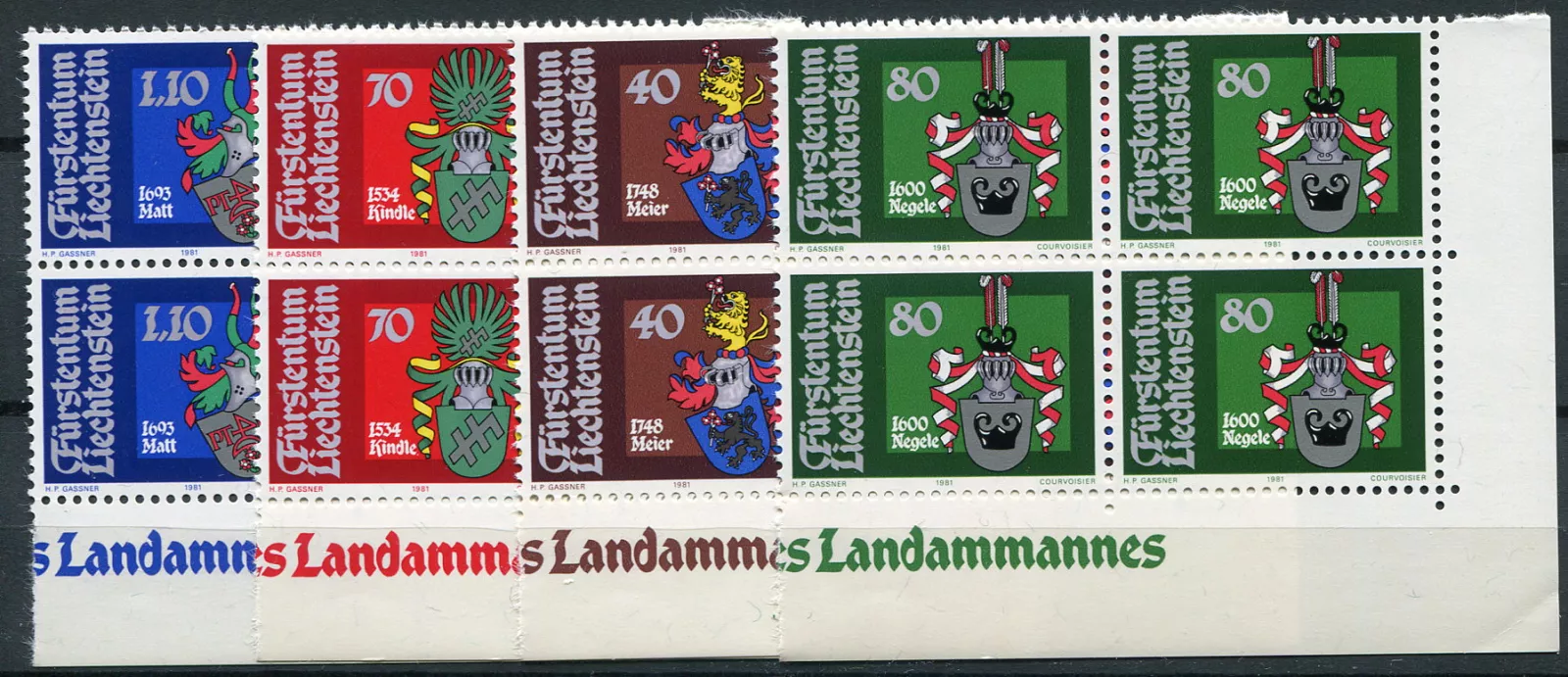 (1981) MiNr. 766 - 769 ** (4-er) - Liechtenstein - Wappen (1981) MiNr. 766 - 769 ** (4-bl) - Lichtenštejnsko - Erby
