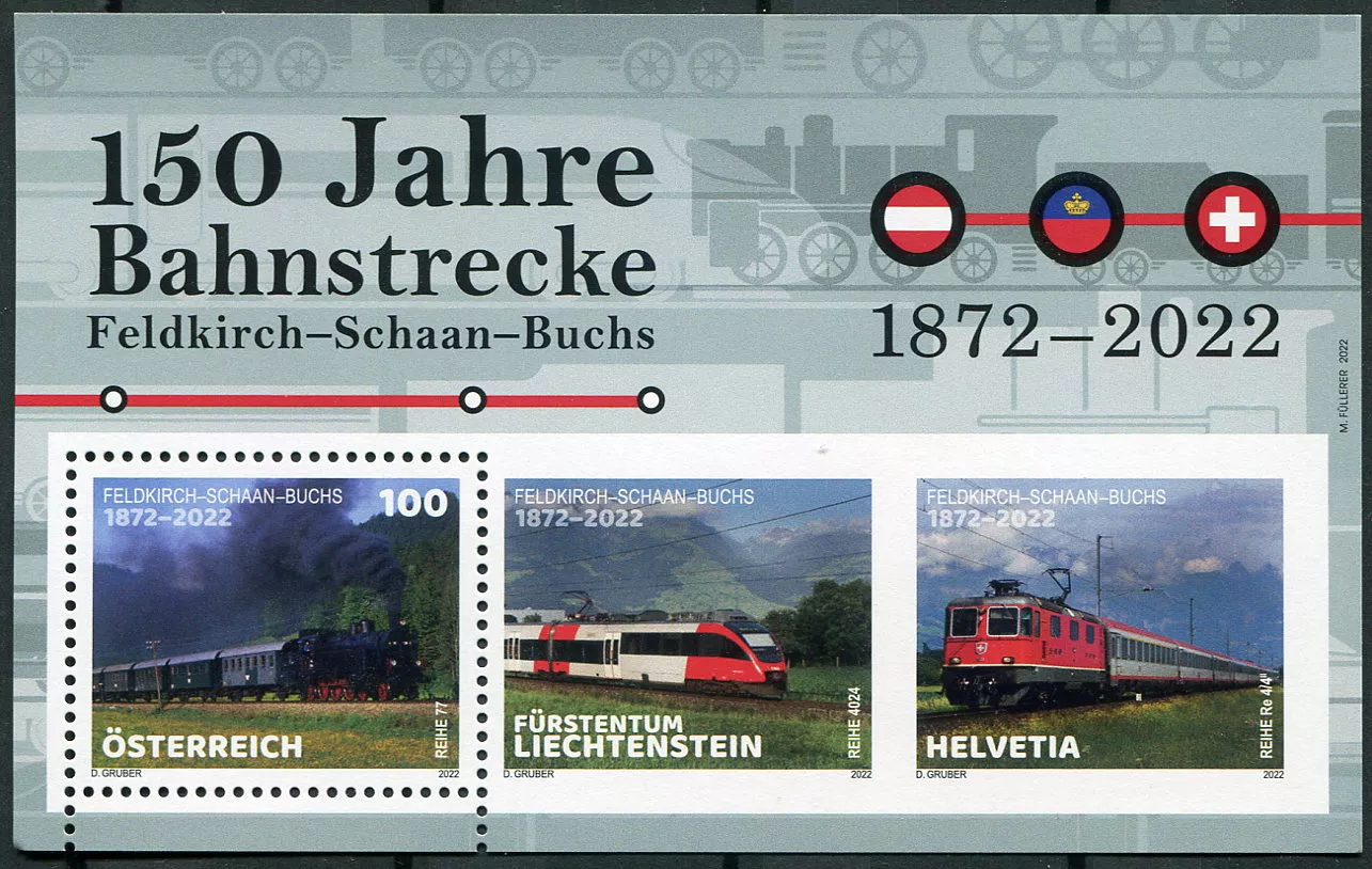 (2022) MiNr. 3672 ** (Bl. 137) - Österreich - 150 Jahre Eisenbahnstrecke Feldkirch-Schaan-Buchs (2022) MiNr. 3672 ** (Bl. 137) - Rakousko - Feldkirch-Schaan-Buchs